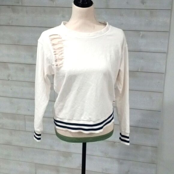 Stateside ripped / shredded white T-shirt with black stripe at cuff and him - Picture 1 of 5